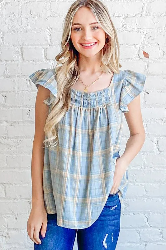 And The Why Plaid Print Smocked Detail Ruffle Baby Doll Top BLUE