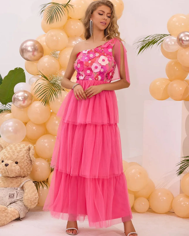 Embroidered Layered Single Shoulder Midi Dress 