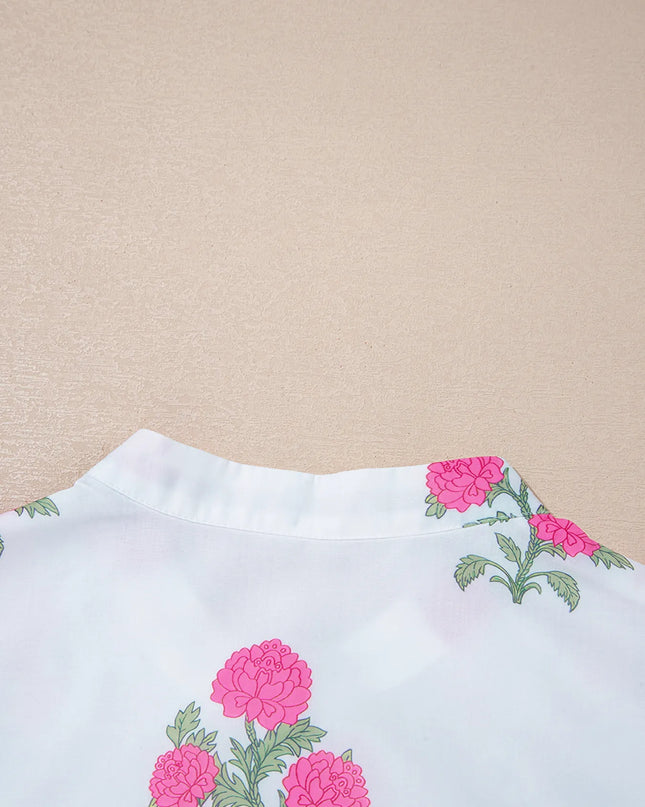 Floral Print Half Button Mandarin Neck 3/4 Sleeve Maxi Dress