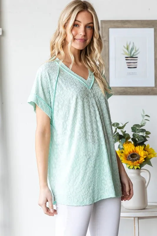 Heimish Full Size Exposed Seam V-Neck Short Sleeve Leopard Top Plus Size