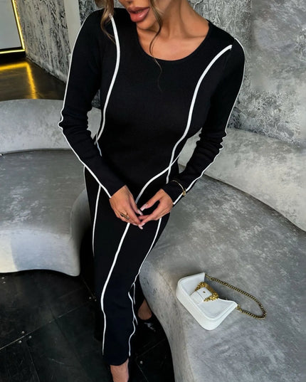 Striped Round Neck Long Sleeve Maxi Knit Dress