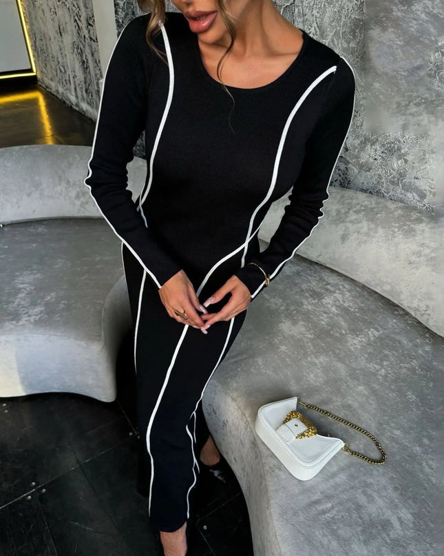 Striped Round Neck Long Sleeve Maxi Knit Dress
