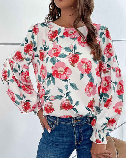 Perfee Floral Long Puff Sleeve Round Neck Blouse