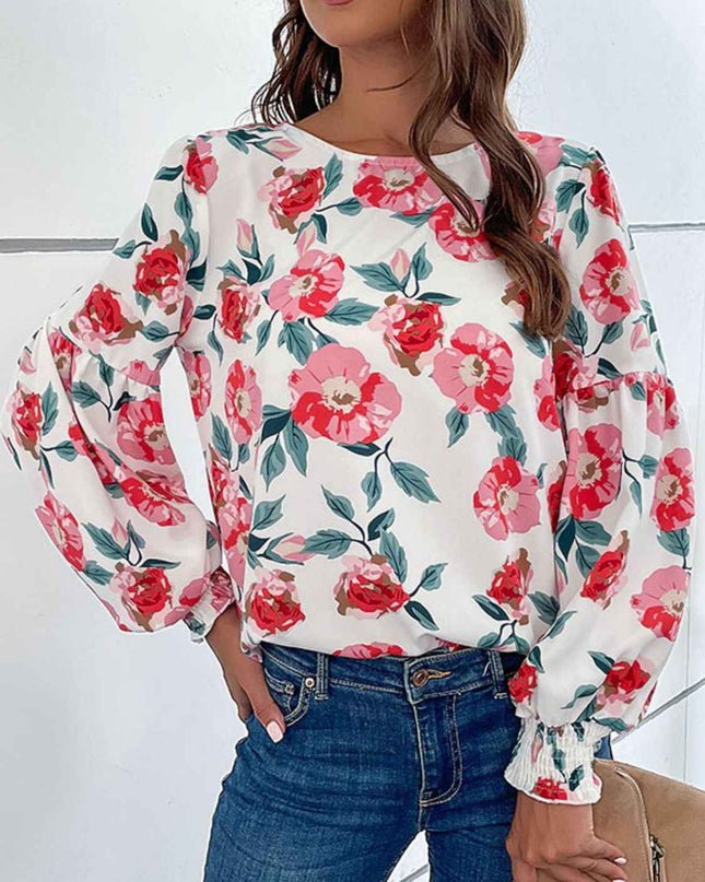 Perfee Floral Long Puff Sleeve Round Neck Blouse