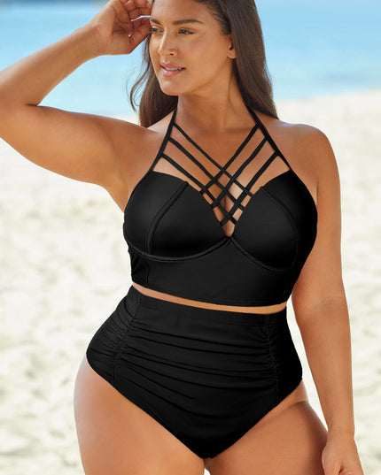 Full Size Halter Neck Crisscross Ruched Two-Piece Swimsuit Black