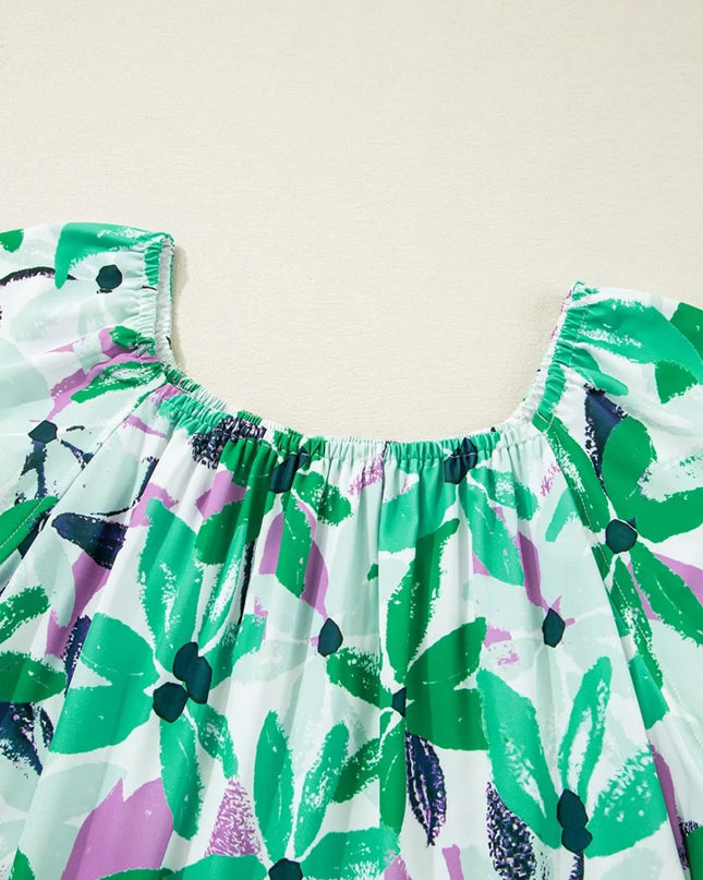 Floral Print Shirred Square Neck Loose Fit Mini Dress