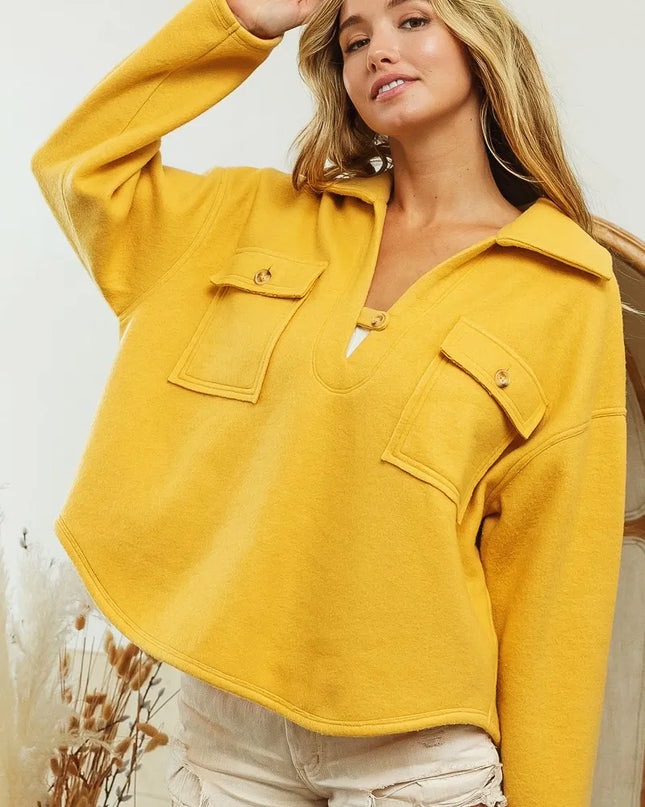 BiBi Flap Pockets Fleece Collared Sweatshirt