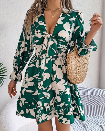 Tied Ruffled Printed Long Sleeve Dress