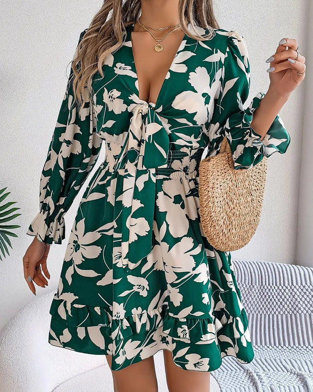 Tied Ruffled Printed Long Sleeve Dress