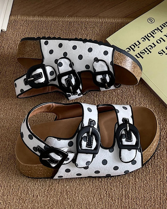 Polka Dot Double Buckle Platform Sandals White