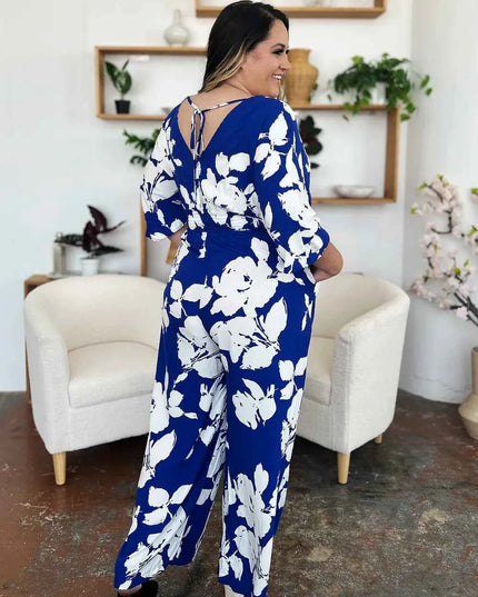 Double Take Full Size Printed Tie Back Wide Leg Jumpsuit