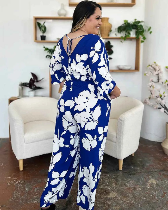 Double Take Full Size Printed Tie Back Wide Leg Jumpsuit