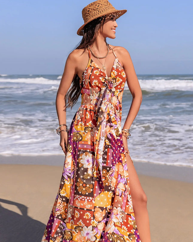 Slit Printed Halter Neck Cami Dress 