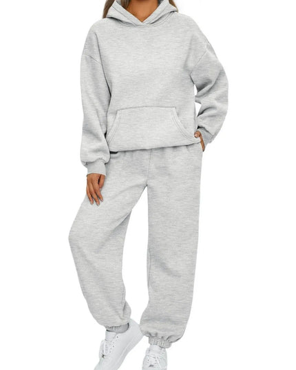 Full Size Kangaroo Pocket Hoodie and Joggers Set Plus Size Light Gray