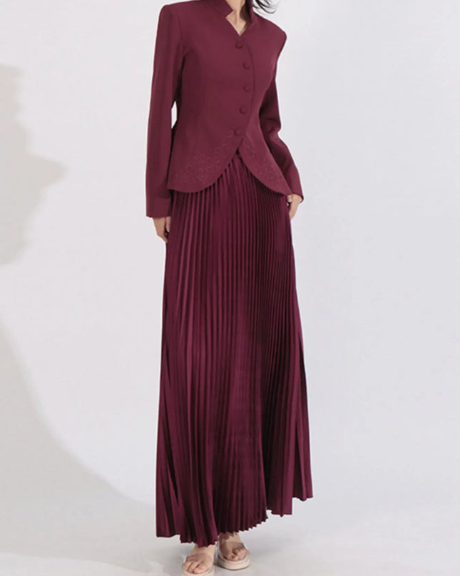 Button Up Long Sleeve Top and Pleated Skirt Set