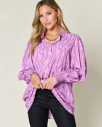 Double Take Full Size Printed Smocked Long Sleeve Blouse Plus Size Lavender