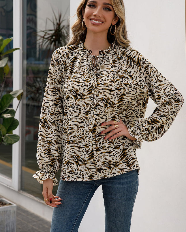 Ivy Lane Printed Tie Neck Frill Trim Flounce Sleeve Blouse