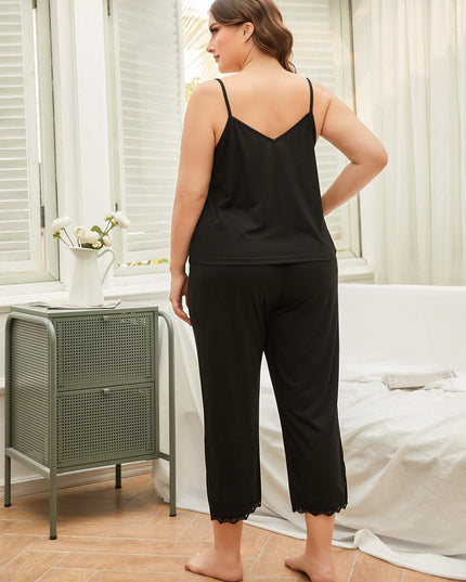Plus Size Lace Trim Slit Cami and Pants Pajama Set