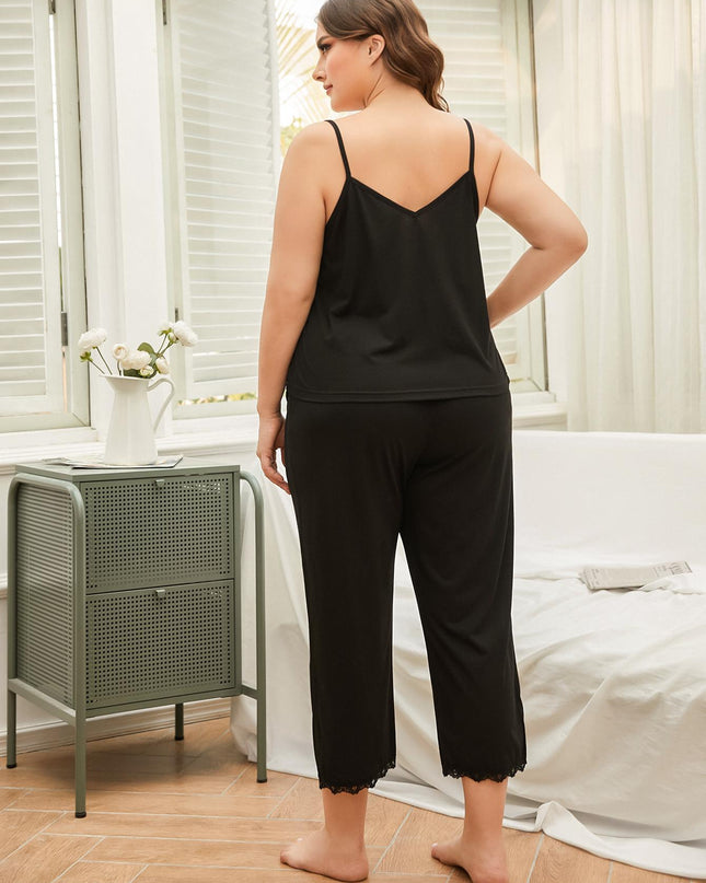 Plus Size Lace Trim Slit Cami and Pants Pajama Set