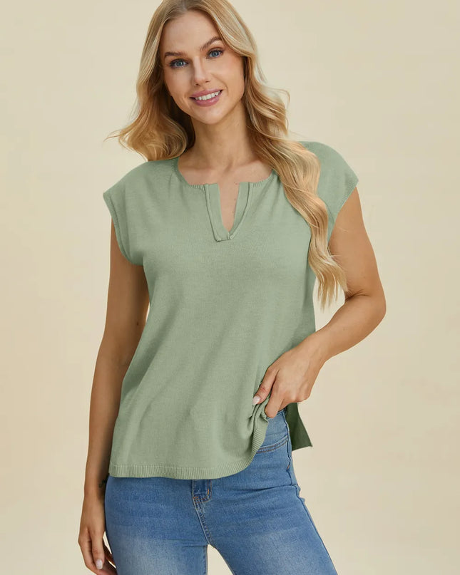 Double Take Full Size Notched Cap Sleeve Knit Top