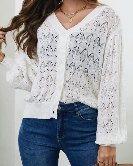 Openwork V-Neck Cardigan White