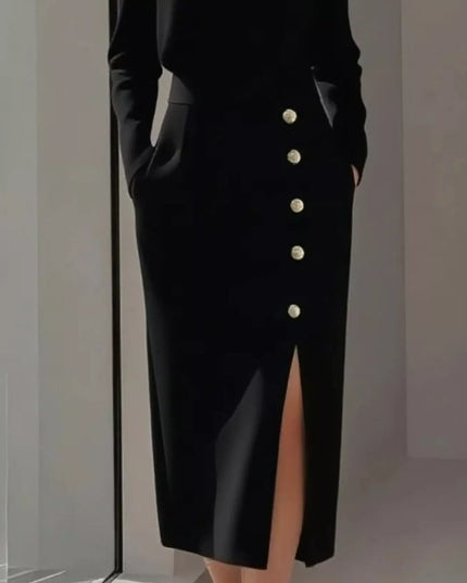 Long Sleeve Button Detail Midi Dress with Side Slit