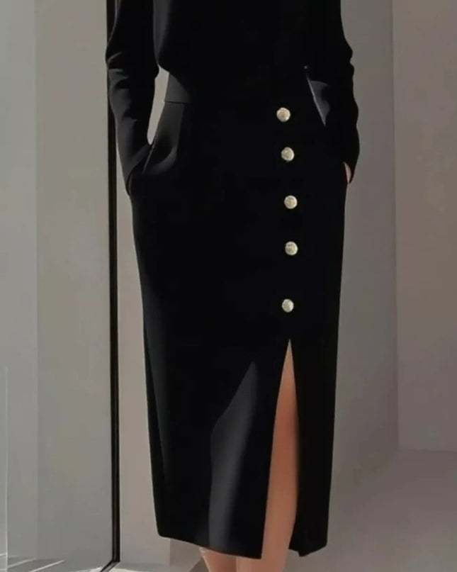 Long Sleeve Button Detail Midi Dress with Side Slit