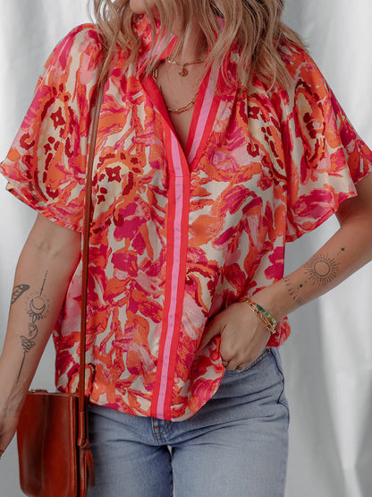Abstract Print Striped Trim Split Neck Blouse Floral