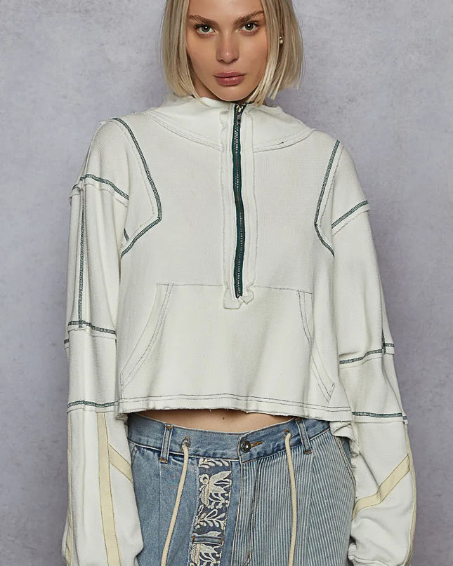 POL Contrast Stitching Zip Front Sweatshirt