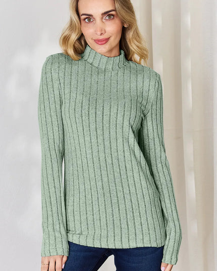Basic Bae Full Size Ribbed Mock Neck Long Sleeve T-Shirt Light Green