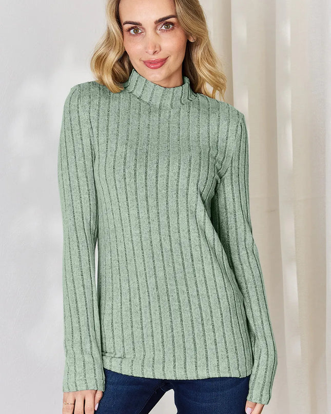 Basic Bae Full Size Ribbed Mock Neck Long Sleeve T-Shirt Light Green