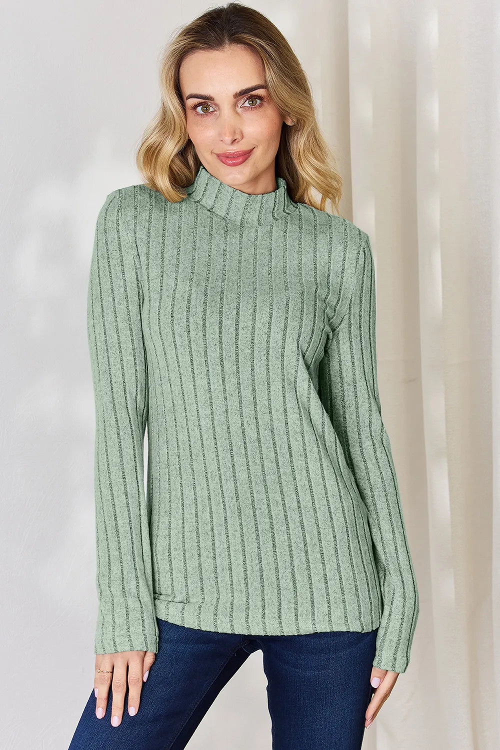Basic Bae Full Size Ribbed Mock Neck Long Sleeve T-Shirt Light Green