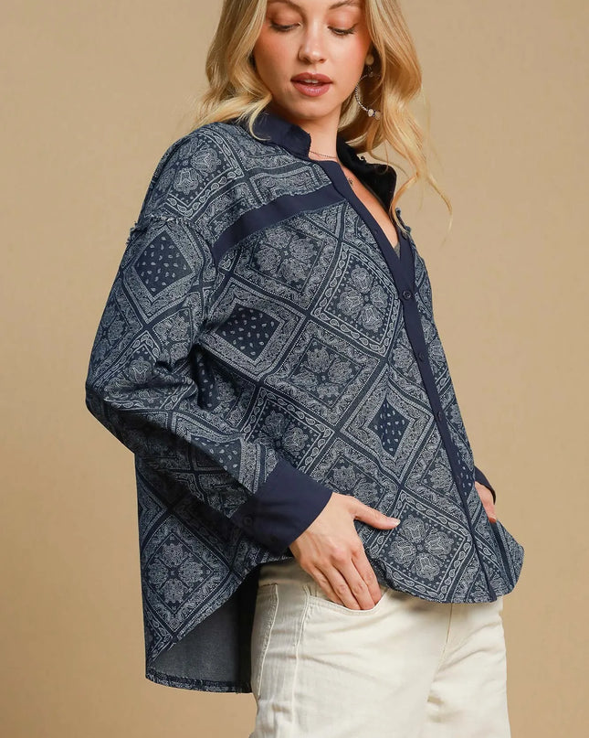 Umgee Paisley Print Denim Shirt Jacket