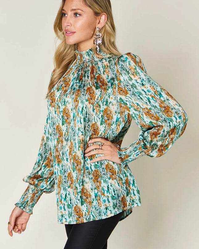 Double Take Full Size Printed Smocked Long Sleeve Blouse