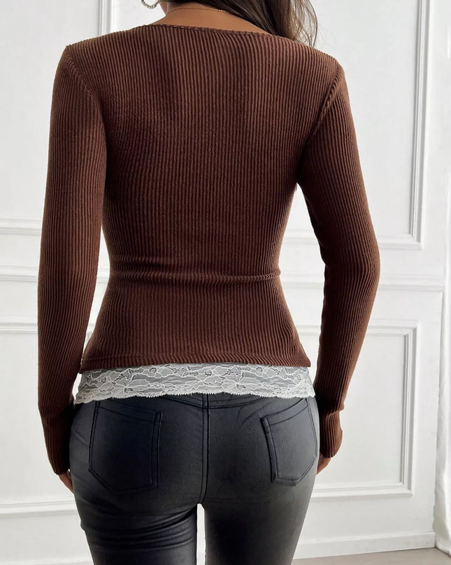 Lace Detail Long Sleeve Ribbed Top