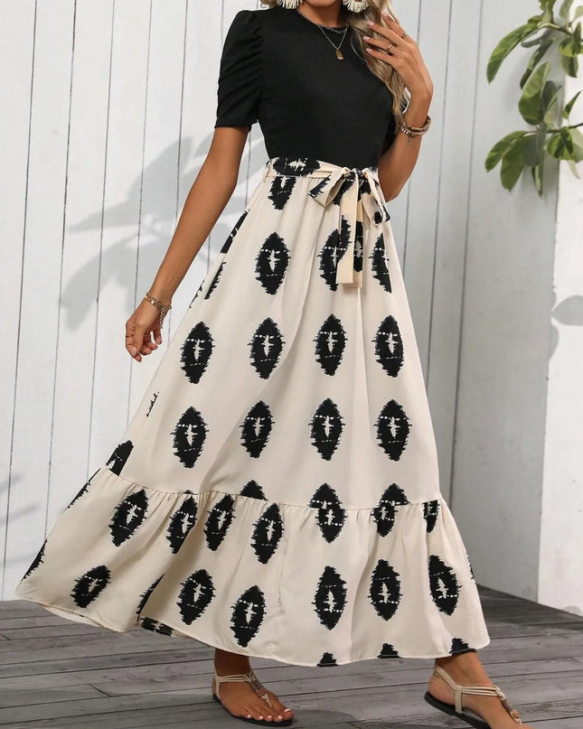 Printed Tie Waist Short Sleeve Maxi Dress 