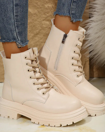 Lace Up Platform Boots with Side Zip Beige