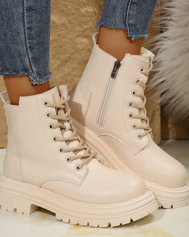 Lace Up Platform Boots with Side Zip Beige