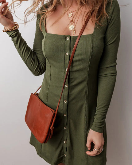 Square Neck Long Sleeve Mini Dress Army Green