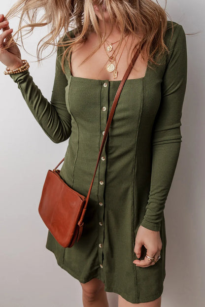 Square Neck Long Sleeve Mini Dress Army Green