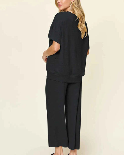 Double Take Full Size Texture Round Neck Short Sleeve T-Shirt and Wide Leg Pants