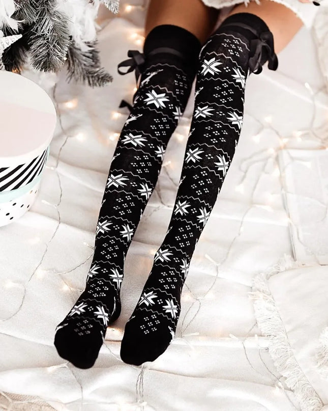 Christmas Element Bowknot Ribbed Trim Over Knee Stockings Black One Size