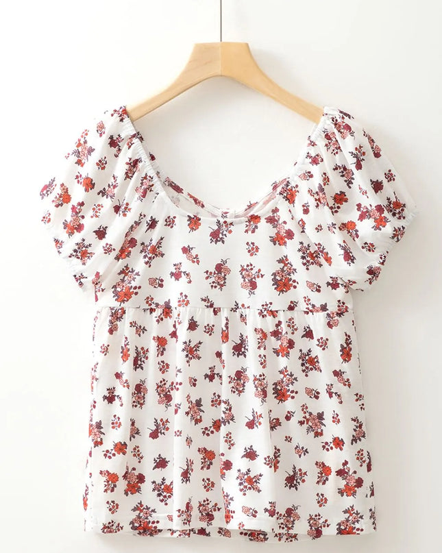 Floral Ruched Cinched Short Sleeve Blouse