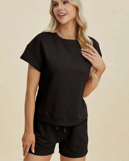 Double Take Full Size Texture Short Sleeve Top and Shorts Set