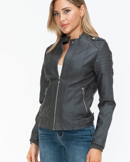 Snobbish PU Leather Biker Jacket with Side Zip Pockets