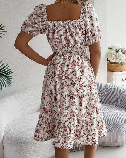 Ruffled Hem Floral Puff Sleeve Dress