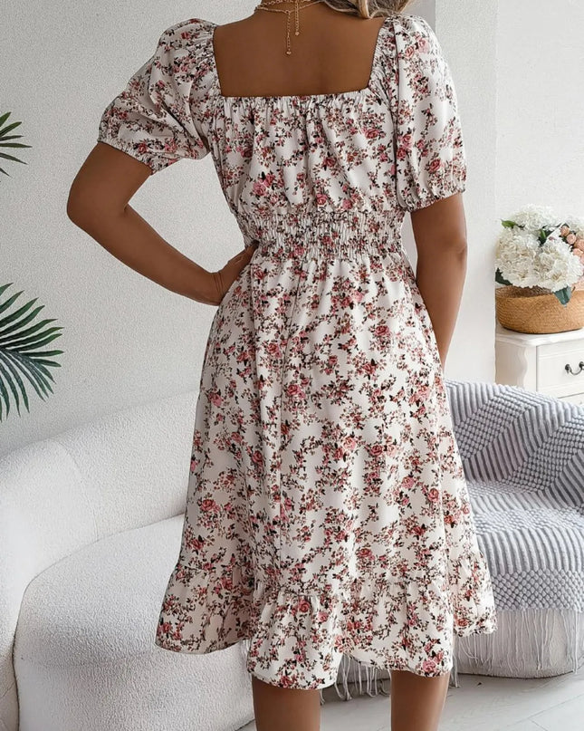 Ruffled Hem Floral Puff Sleeve Dress