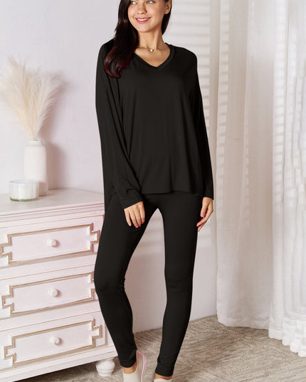 Basic Bae Full Size V-Neck Soft Rayon Long Sleeve Top and Pants Lounge Set Black
