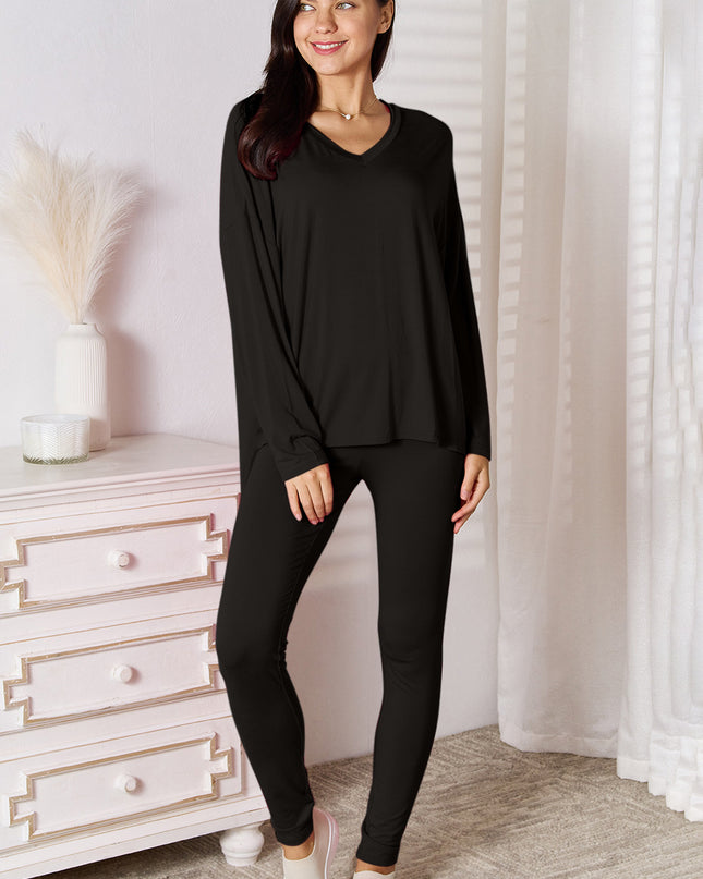 Basic Bae Full Size V-Neck Soft Rayon Long Sleeve Top and Pants Lounge Set Black