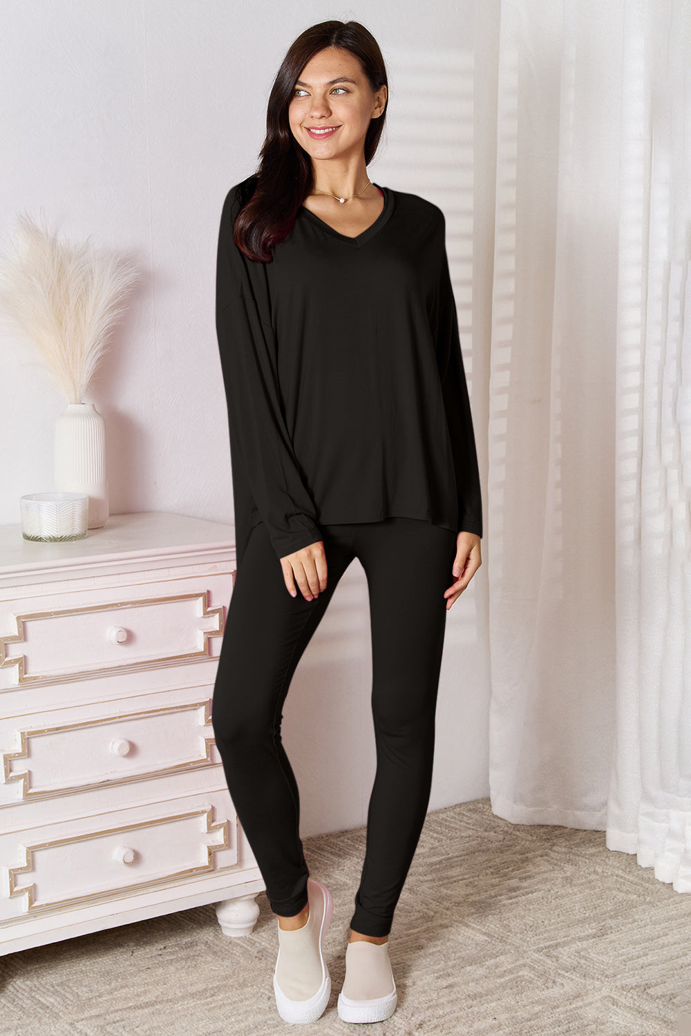 Basic Bae Full Size V-Neck Soft Rayon Long Sleeve Top and Pants Lounge Set Black